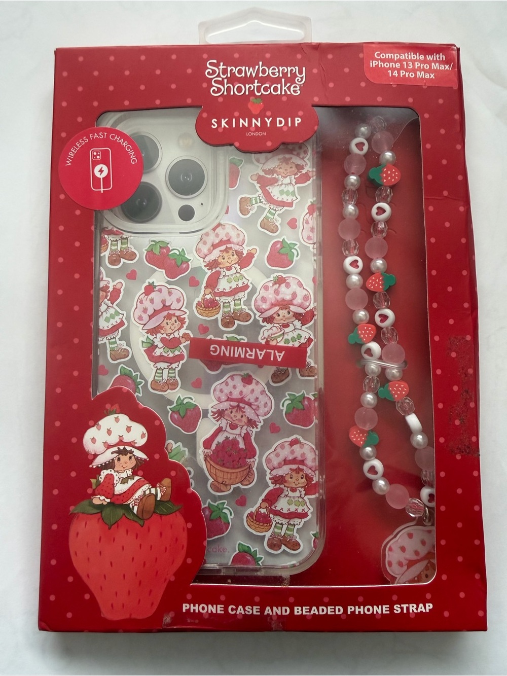 Strawberry Shortcake Clear Phone Case with Beaded Strap - Pink/Red